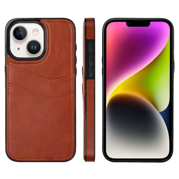For iPhone 14 Plus Litchi Leather Skin Card Slots Phone Case(Brown)