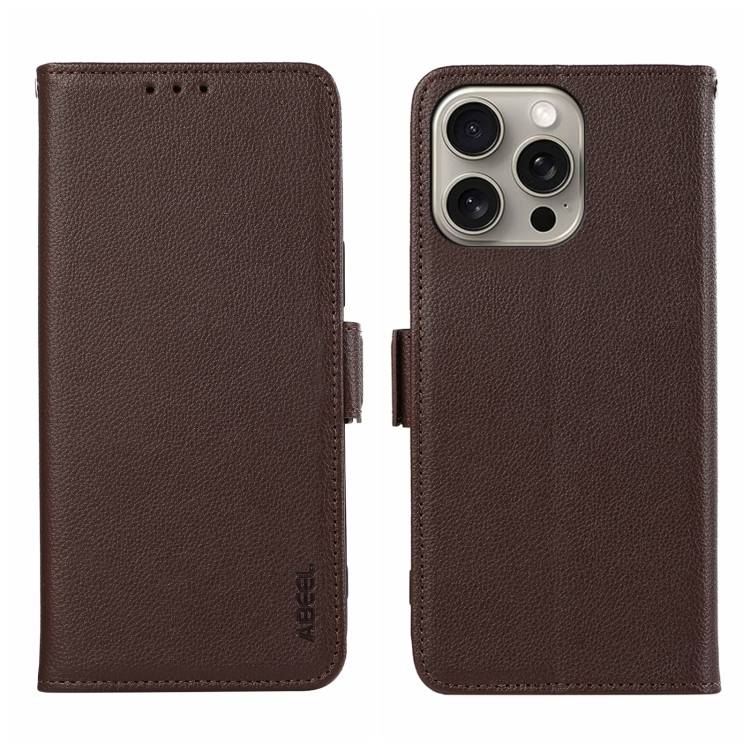 For iPhone 13 Pro Max ABEEL Side-Magnetic Litchi Pattern Leather RFID Phone Case(Brown)