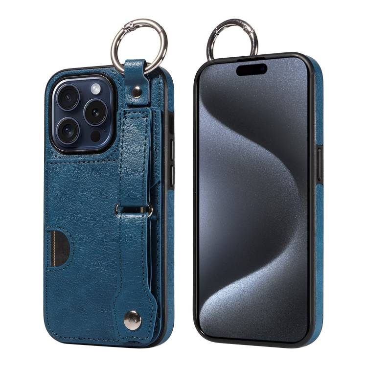 For iPhone 15 Pro Calf Texture Wrist Card Slot Ring Phone Case(Blue)