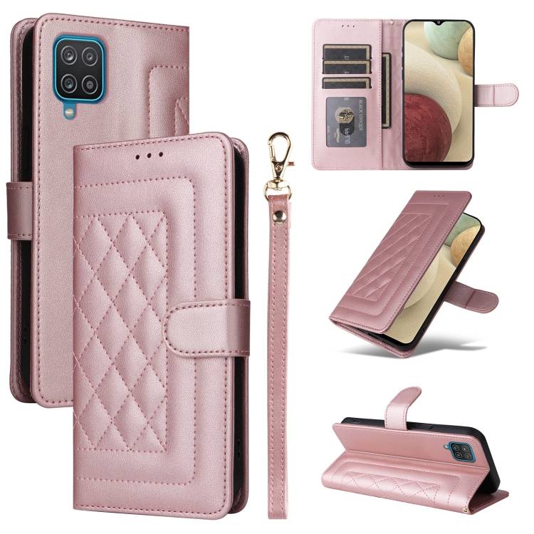 For Samsung Galaxy A12 / M12 Diamond Lattice Leather Flip Phone Case(Rose Gold)