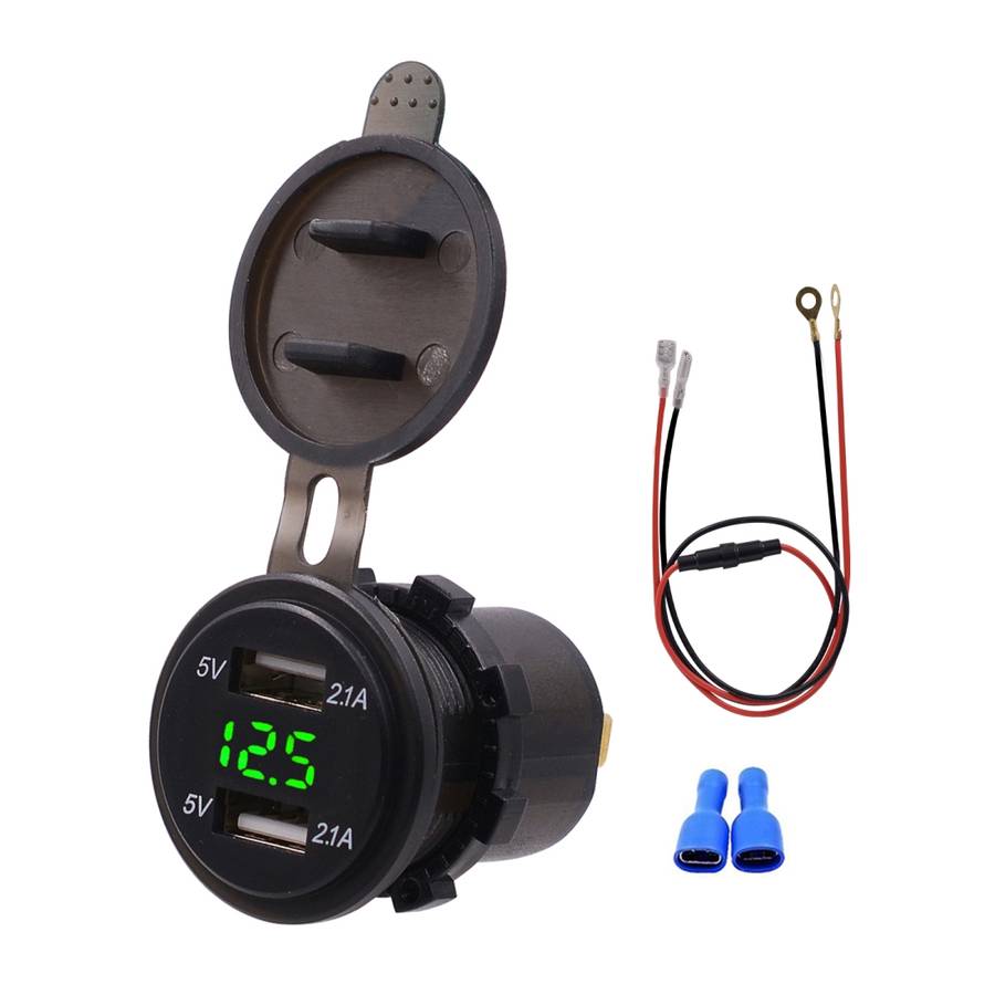 Universal Car Dual Port USB Charger Power Outlet Adapter 4.2A 5V IP66 with LED Digital Voltmeter + 6