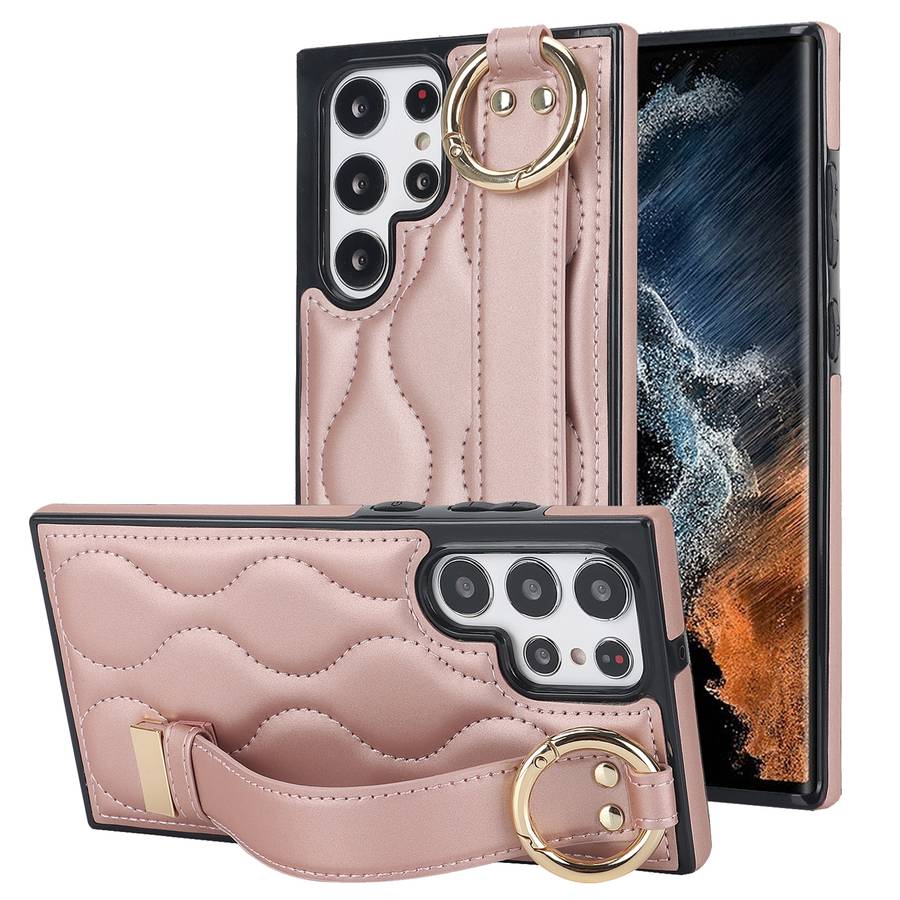 For Samsung Galaxy S22 Ultra Non-slip Full Coverage Ring PU Phone Case with Wristband(Brown)