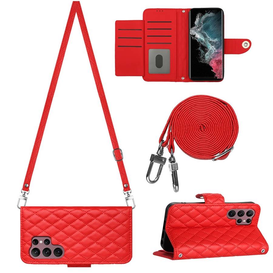 For Samsung Galaxy S22 Ultra 5G Rhombic Texture Flip Leather Phone Case with Long Lanyard(Red)