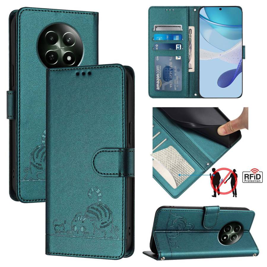 For Realme 12 5G Global Cat Rat Embossed Pattern RFID Leather Phone Case with Lanyard(Peacock G