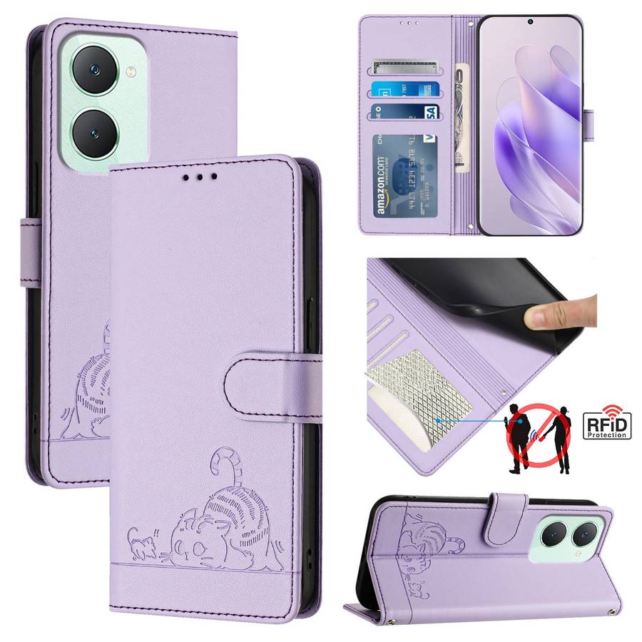 For vivo Y03 4G Global Cat Rat Embossed Pattern RFID Leather Phone Case with Lanyard(Purple)