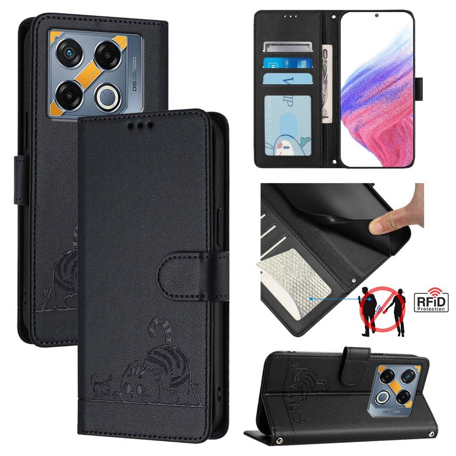 For Infinix GT 20 Pro/X6871 Cat Rat Embossed Pattern RFID Leather Phone Case with Lanyard(Black