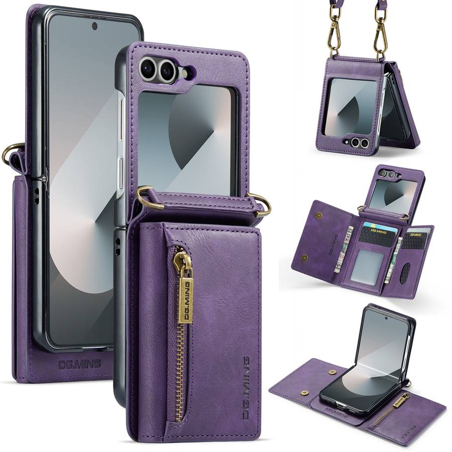 For Samsung Galaxy Z Flip6 DG.MING M5 Series Zip RFID Multi Card Detachable Leather Phone Case