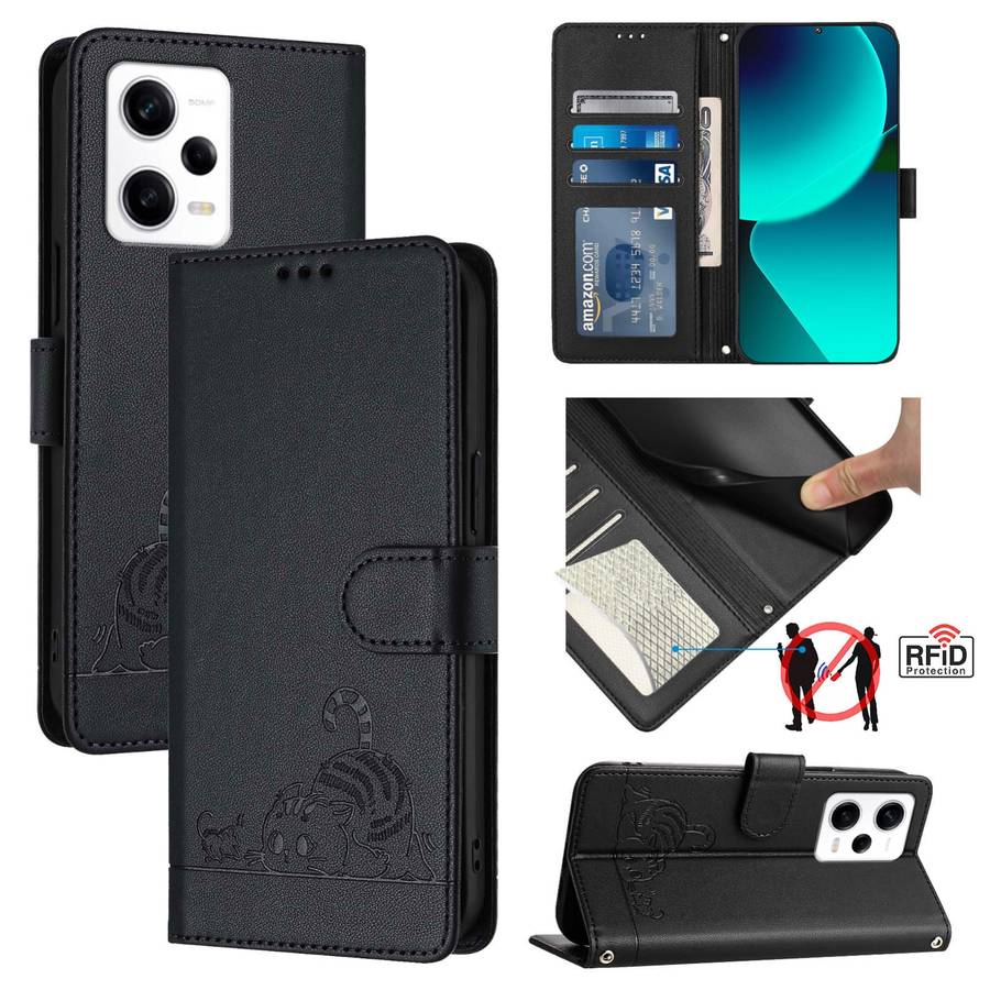 For Xiaomi Redmi Note 12 Explorer Cat Rat Embossed Pattern RFID PU Phone Case with Wrist Strap(