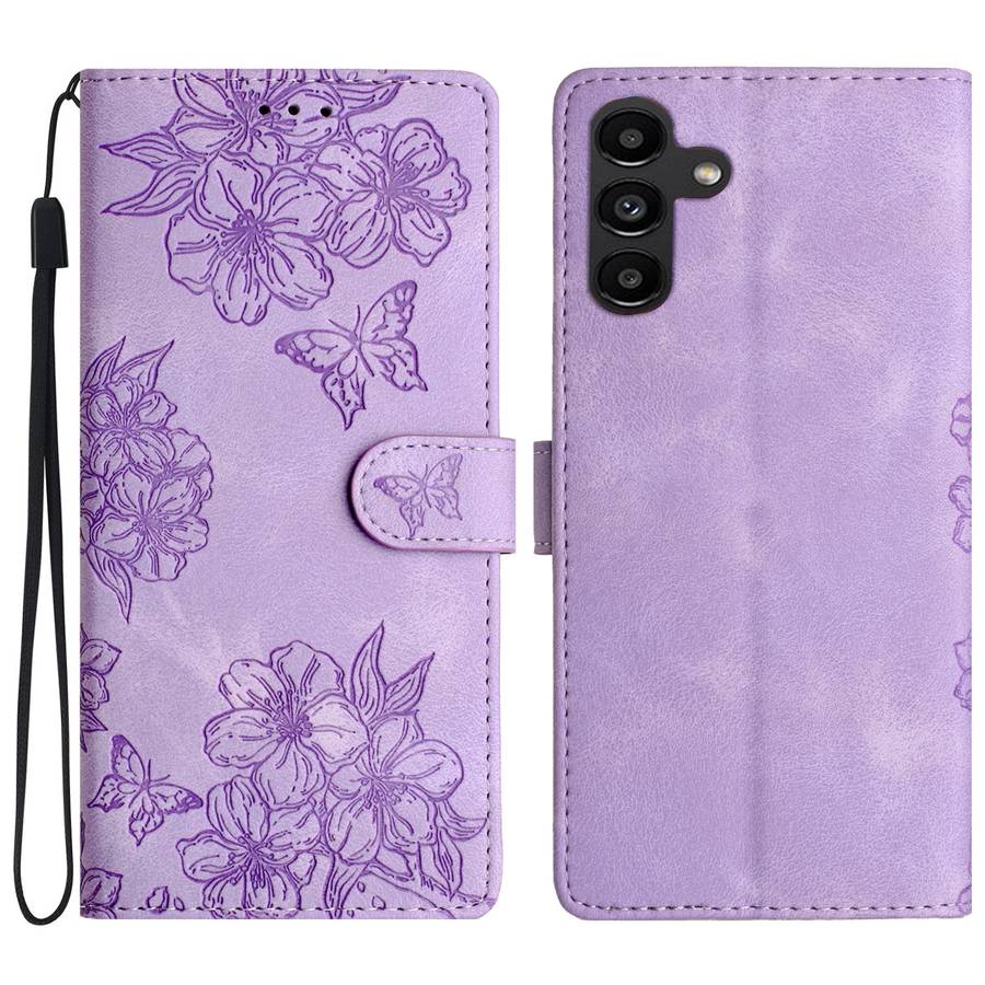 For Samsung Galaxy A04s Cherry Blossom Butterfly Skin Feel Embossed PU Phone Case(Purple)