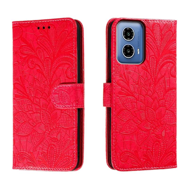 For Motorola Moto G34 Lace Flower Embossing Flip Leather Phone Case(Red)