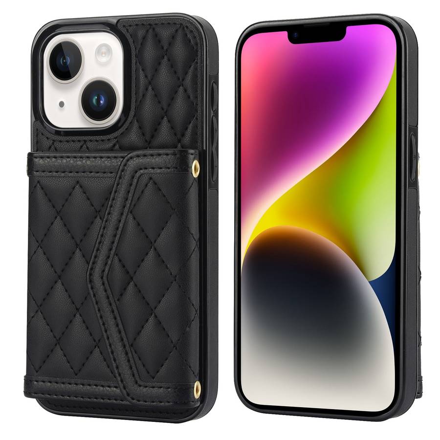 For iPhone 14 Plus / 15 Plus Splicing Rhombic Texture Card Bag Phone Case with Long Lanyard(Bla