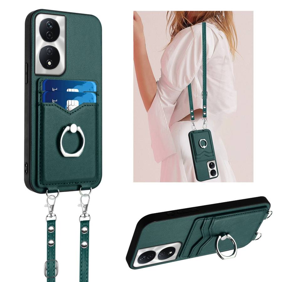 For Honor X7b / Play 8T 5G R20 Crossbody Rope Ring Card Holder Phone Case(Green)