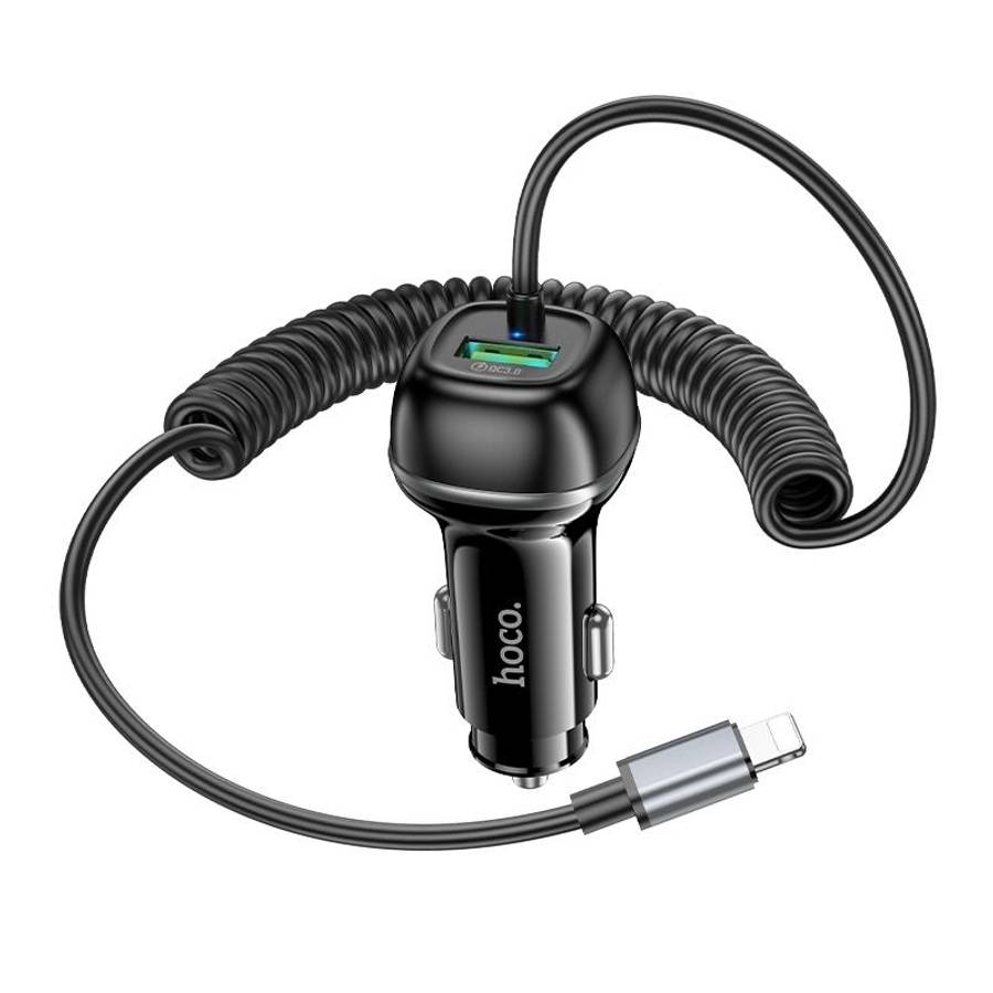 hoco Z58B Rank PD30W and QC3.0 Car Charger with 8 Pin Spring Cable(Black)