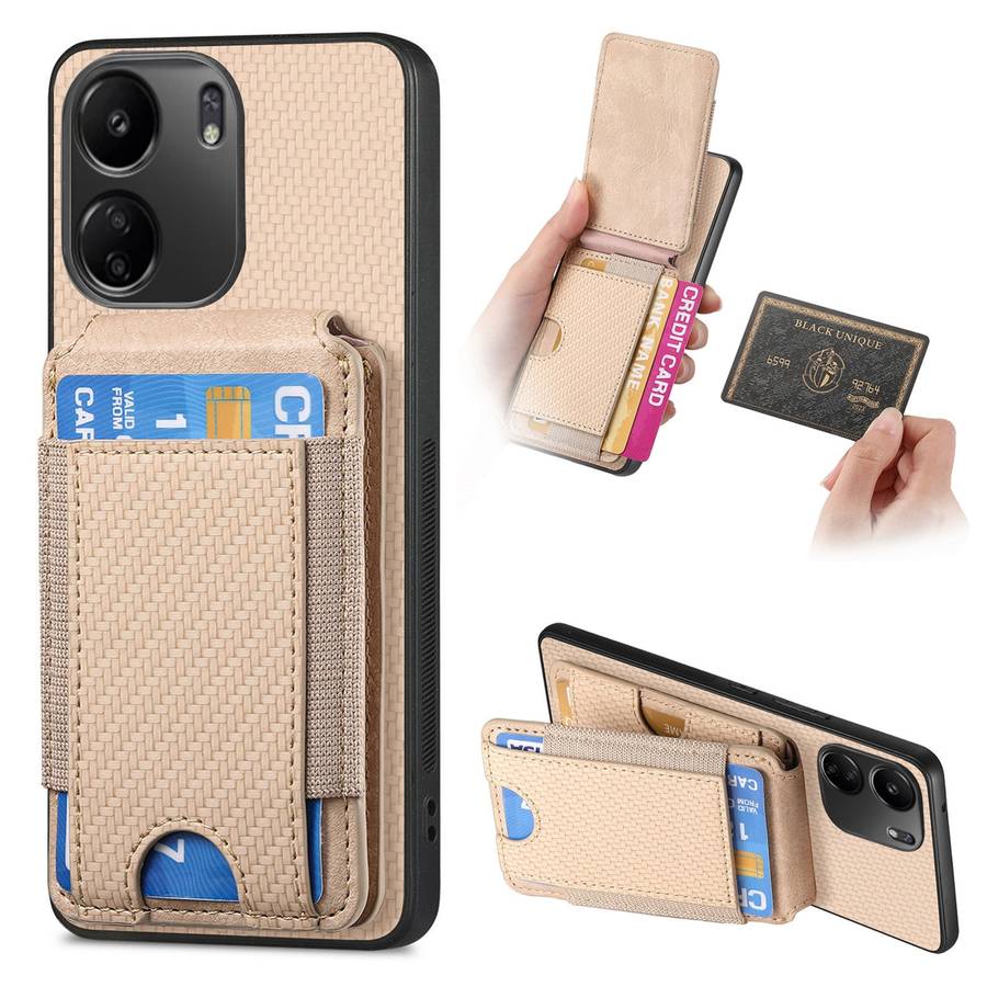 For Xiaomi Redmi 13C Carbon Fiber Vertical Flip Wallet Stand Phone Case(Khaki)