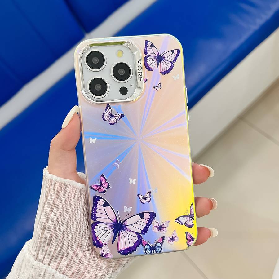 For iPhone 15 Pro Max Electroplating Laser Butterfly Phone Case(Purple Butterflies AB3)