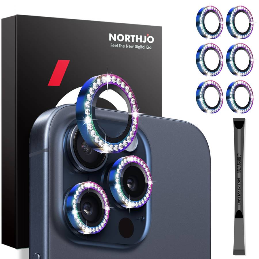 For iPhone 15 Pro / 15 Pro Max NORTHJO 2 Set 6Pcs Camera Lens Protector Diamond Metal Ring Film