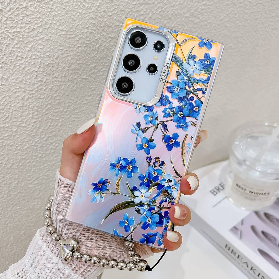 For Samsung Galaxy S22 Ultra 5G Electroplating Laser Flower Phone Case with Wrist Strap(Myosoti
