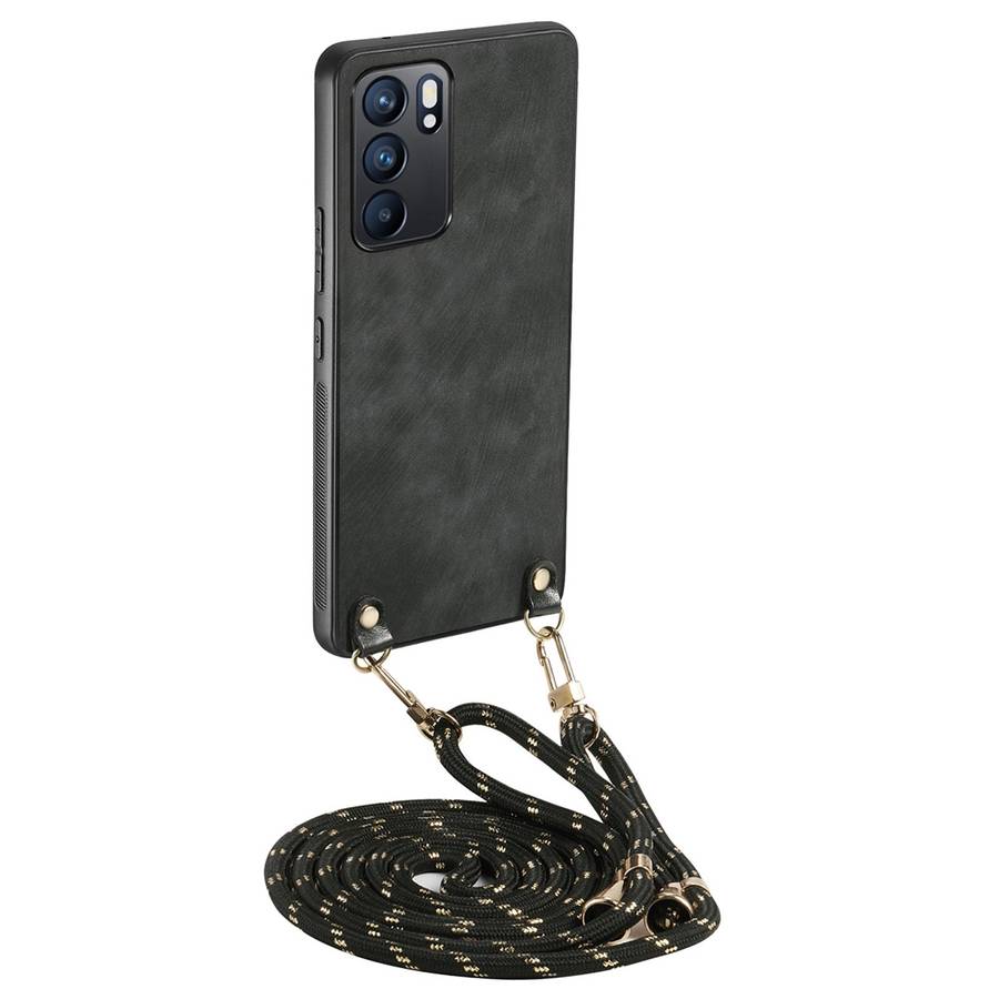 For OPPO Reno6 5G Vintage Leather PC Back Cover Phone Case with Crossbody Strap(Black)