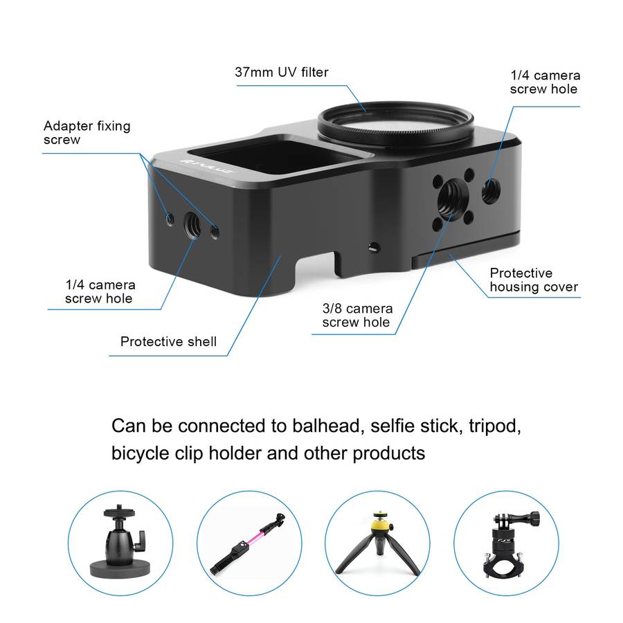 PULUZ CNC Aluminum Alloy Cage for DJI Action 2(Black)