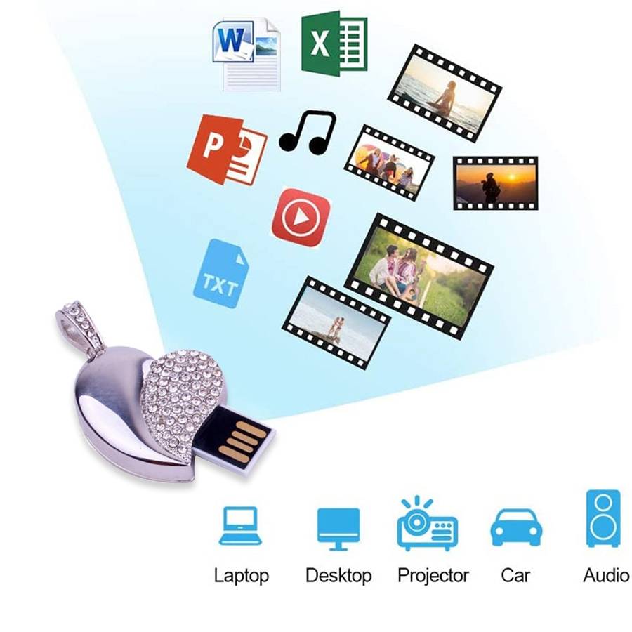 Silver Heart Shaped Diamond Jewelry USB Flash Disk, Special for Valentines Day Gifts (32GB)(Silver