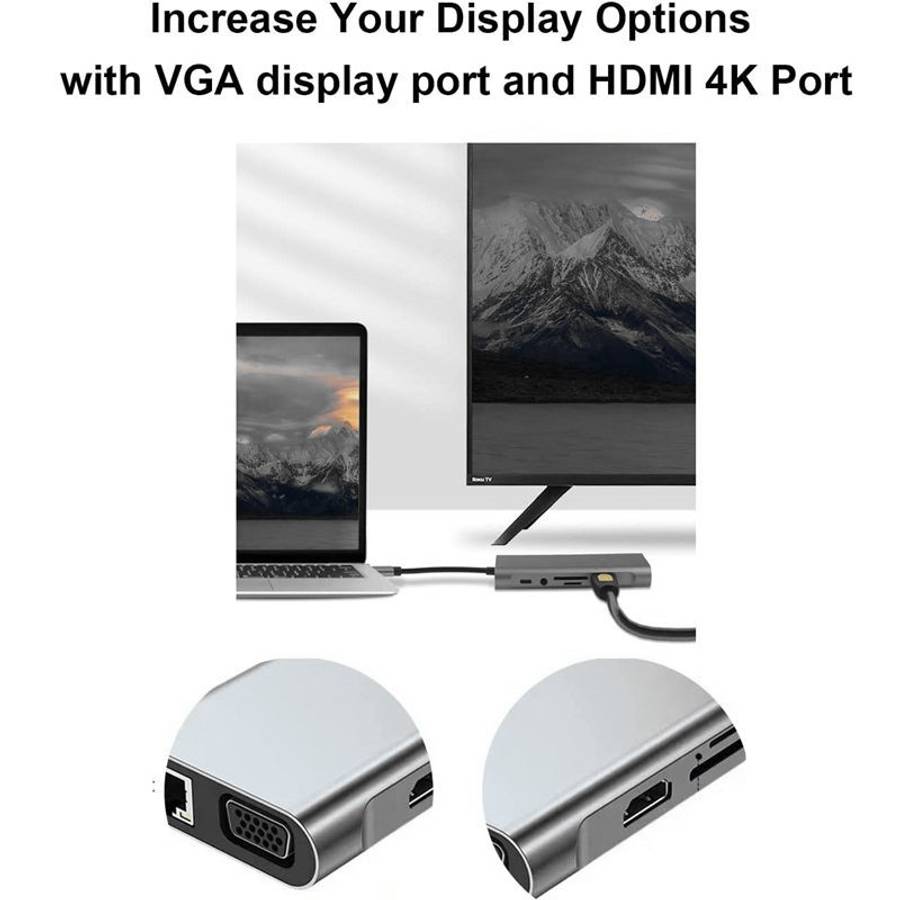 USB C HUB, USB C Adapter 11 in 1 Dongle with 4K HDMI, VGA, Type C PD, USB3.0, RJ45 Ethernet, SD/TF