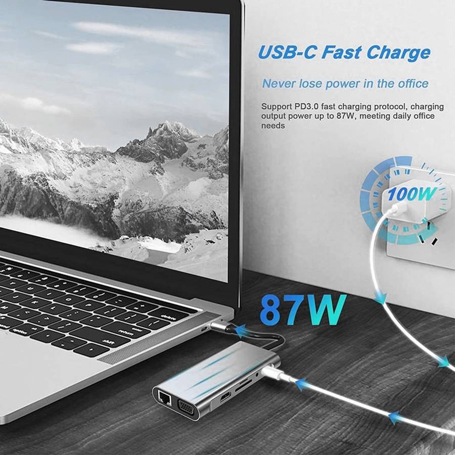 USB C HUB, USB C Adapter 11 in 1 Dongle with 4K HDMI, VGA, Type C PD, USB3.0, RJ45 Ethernet, SD/TF