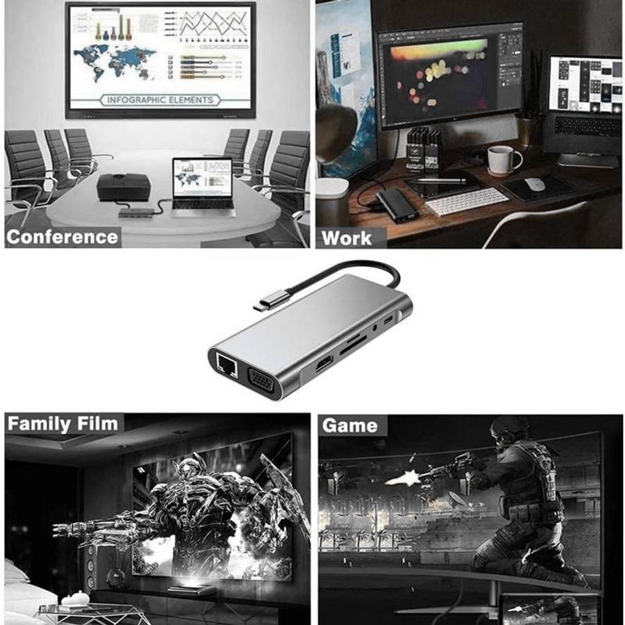 USB C HUB, USB C Adapter 11 in 1 Dongle with 4K HDMI, VGA, Type C PD, USB3.0, RJ45 Ethernet, SD/TF