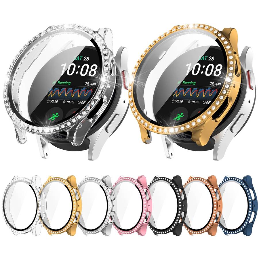 For Samsung Galaxy Watch 7 44mm Single Row Diamond PC + Tempered Film Integrated Watch Protective