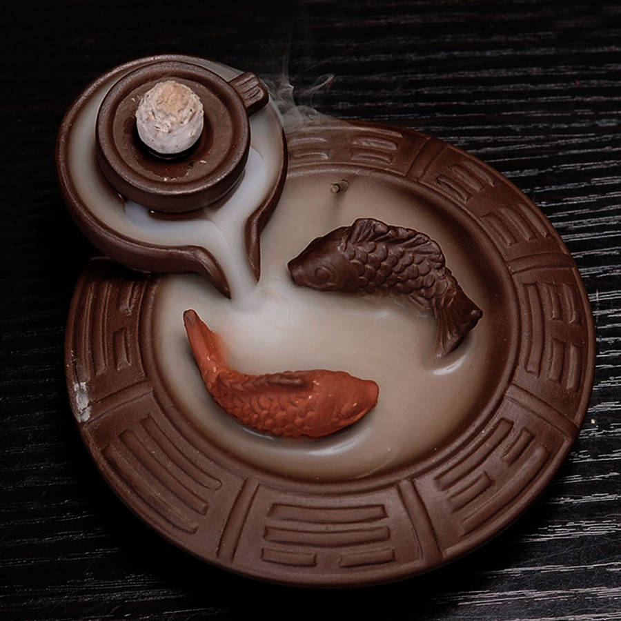 Purple Clay Backflow Incense Cone Burner Stick Holder Water Pond 2 Fish Smoke Back Flow Home Decor