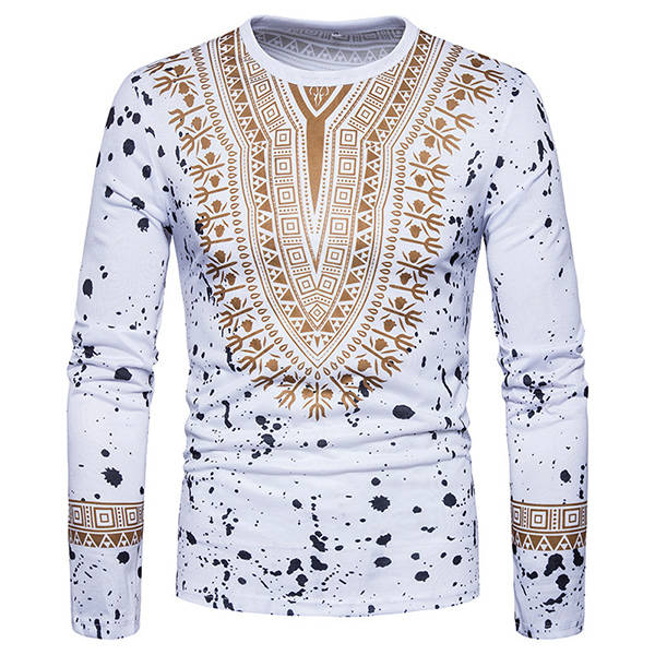 Men's Fashion Folk Style 3D Floral Printed Long Sleeved T-shirt Casual Round Neck Tops Tees
