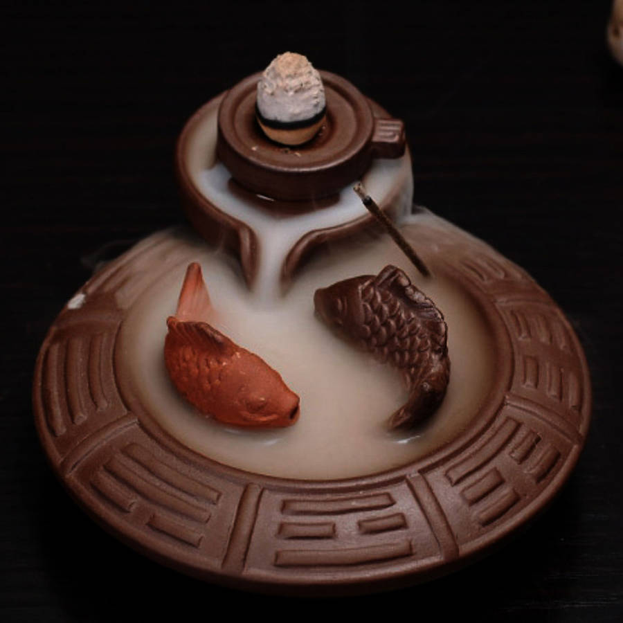 Purple Clay Backflow Incense Cone Burner Stick Holder Water Pond 2 Fish Smoke Back Flow Home Decor