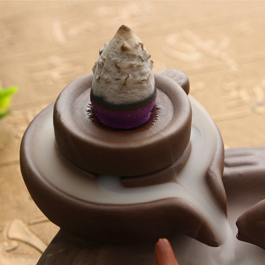 Purple Clay Backflow Incense Cone Burner Stick Holder Water Pond 2 Fish Smoke Back Flow Home Decor