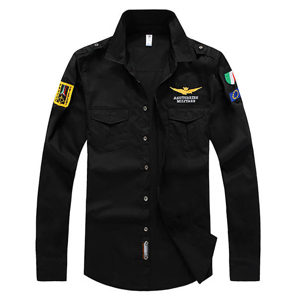ASSTSERIES Embroidery Epaulets Military Cotton Work Shirts (COLOR: BLACK | SIZE: L)