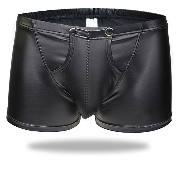 Black Button Opening Crotch Low Waist Faux Leather Boxers (COLOR: BLACK | SIZE: L)