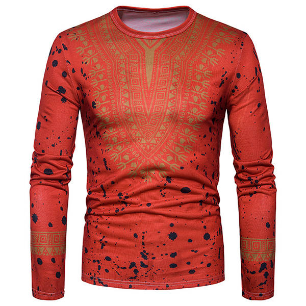 Men's Fashion Folk Style 3D Floral Printed Long Sleeved T-shirt Casual Round Neck Tops Tees