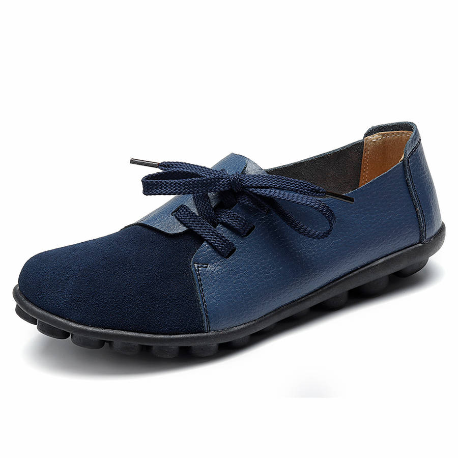 Plus size Women Lace Up Leather Flats Soft Casual Shoes (COLOR: DARKBLUE | SIZE(US): 10)