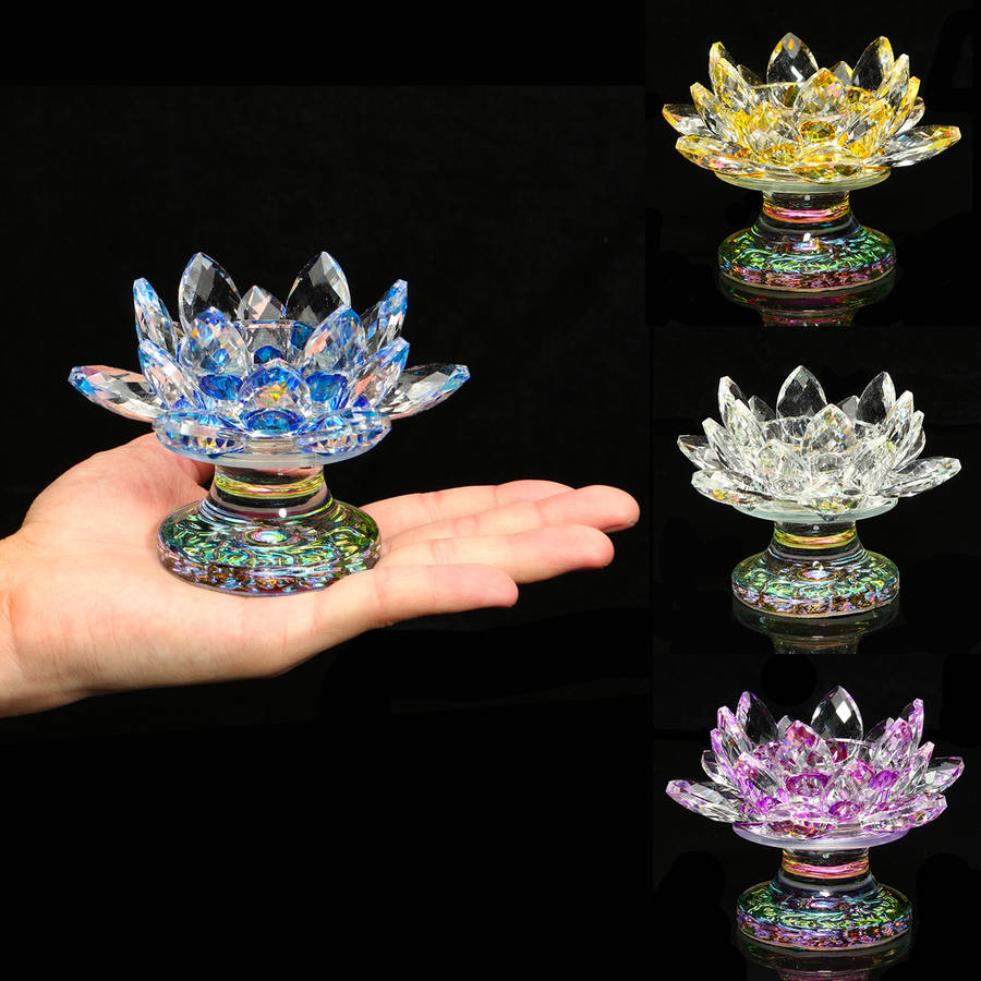 5 Colors Crystal Glass Lotus Flower Tea Light Candle Holder Buddhist Candles