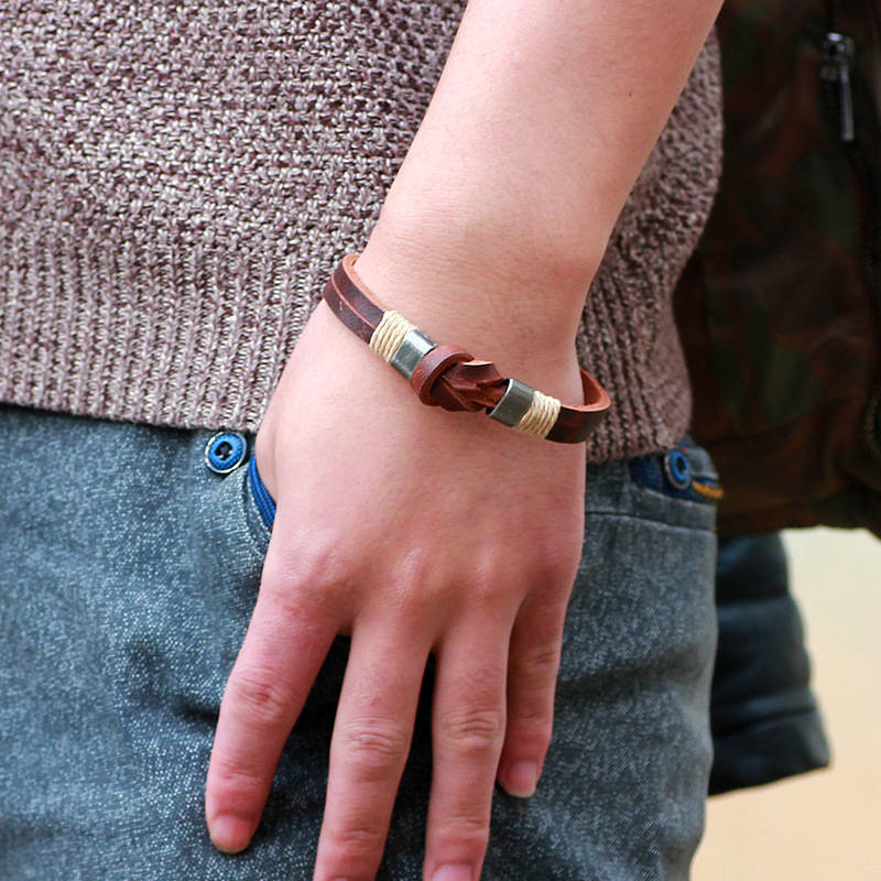 European Style Retro Vintage Leather Men Bracelet Buckle Double layers Chain