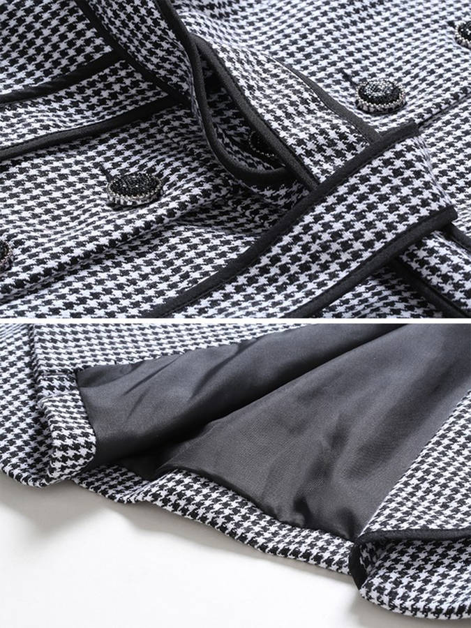 Women's Fashion Knee-Length Trench Coats Elegant Long Sleeve Houndstooth Pattern Jackets