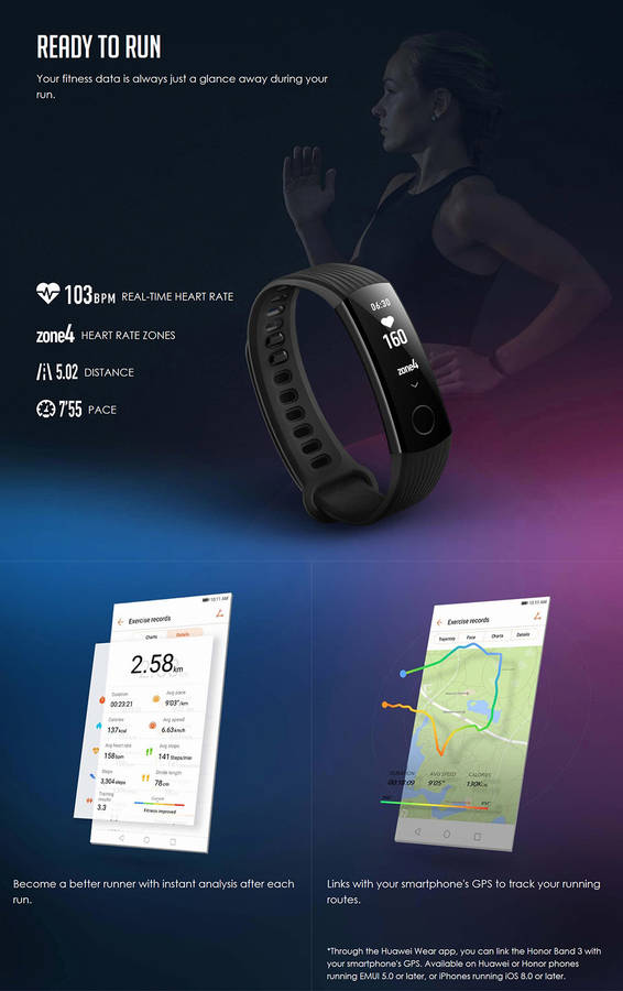 Huawei Honor Band 3 Real-time HR Monitor 5ATM Waterproof 30 Days Standby Fitness Smart Watch Band -