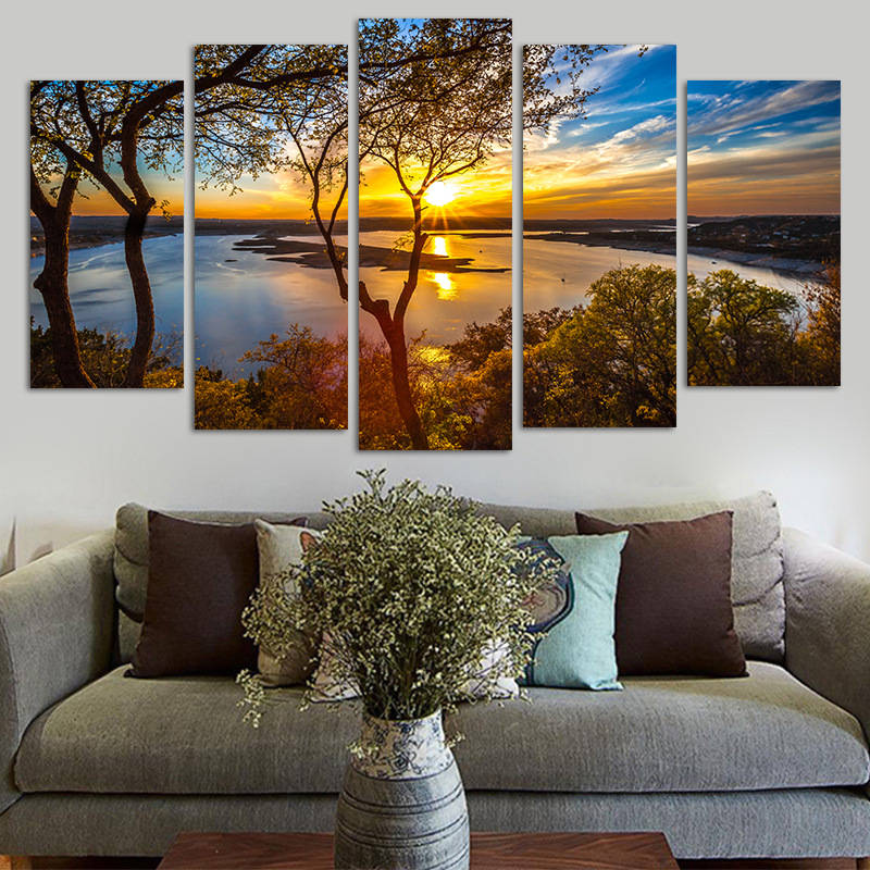 5 Panel Canvas Painting Sunset Lake Tree Seascape Landscape Poster Printing Wall Art Decor Picture