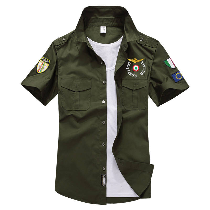 ASSTSERIES Epaulets Military Embroidery Cotton Work Shirts (COLOR: ARMYGREEN | SIZE: L)