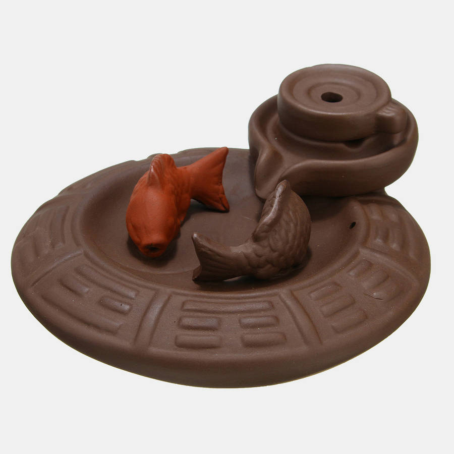 Purple Clay Backflow Incense Cone Burner Stick Holder Water Pond 2 Fish Smoke Back Flow Home Decor