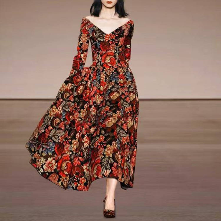 Women's dress loose temperament printing V-neck long dress