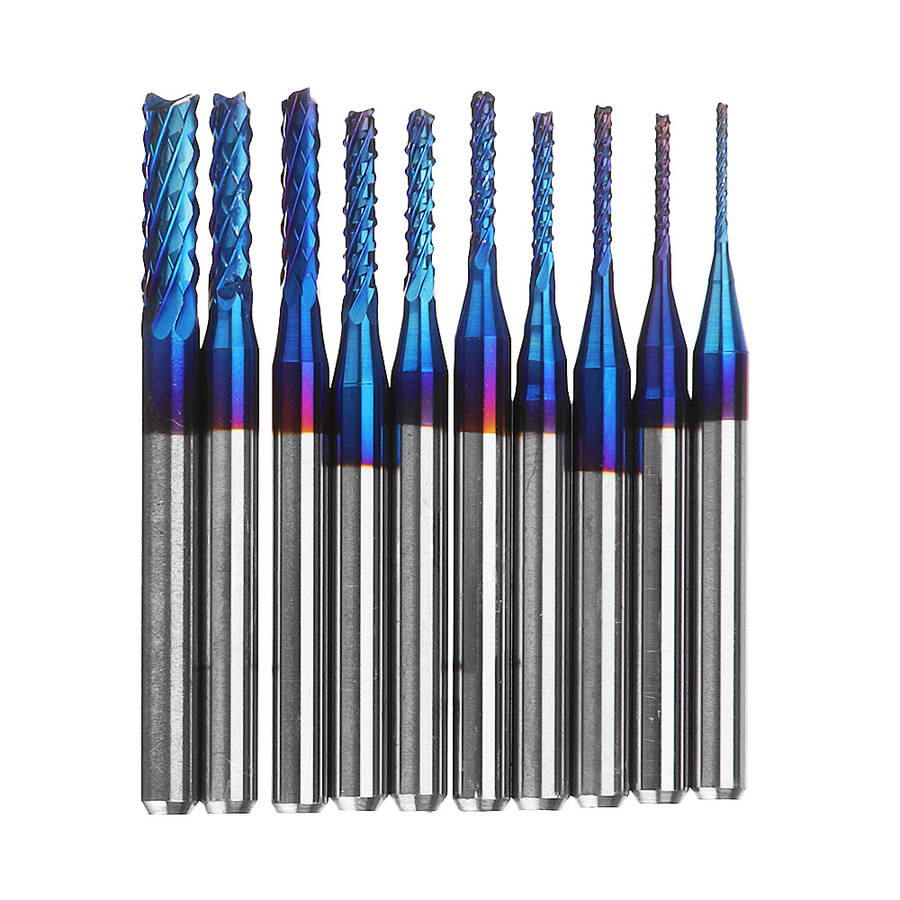 Drillpro 10pcs 0.8-3.175mm Blue NACO Coated PCB Bits Carbide Engraving Milling Cutter For CNC Tool Rotary Burrs