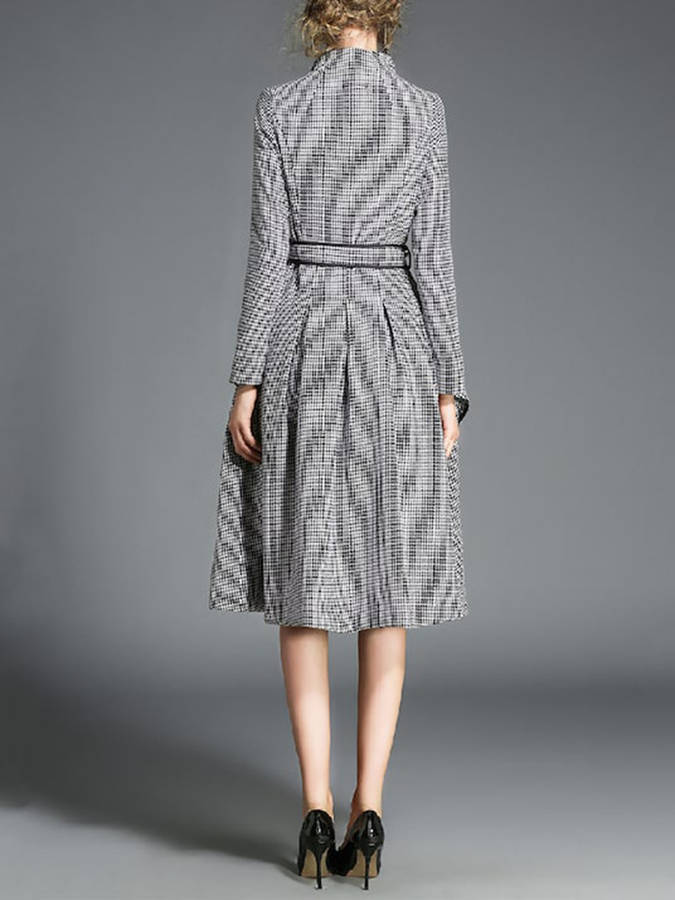 Women's Fashion Knee-Length Trench Coats Elegant Long Sleeve Houndstooth Pattern Jackets