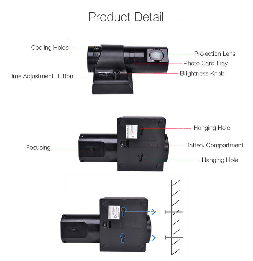 Loskii HC-27 180 Degree Rotation Dual Dial Plate LED Display Remote Control Wall Projection Clock