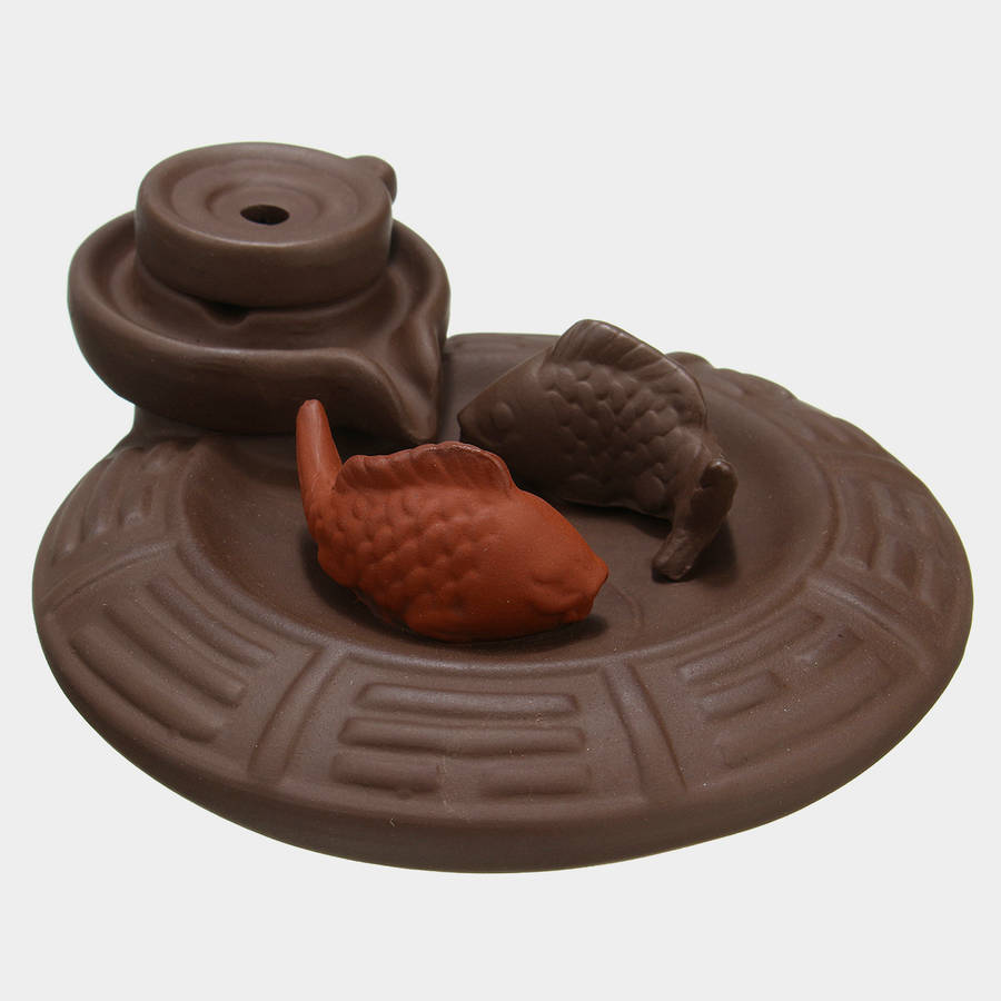 Purple Clay Backflow Incense Cone Burner Stick Holder Water Pond 2 Fish Smoke Back Flow Home Decor