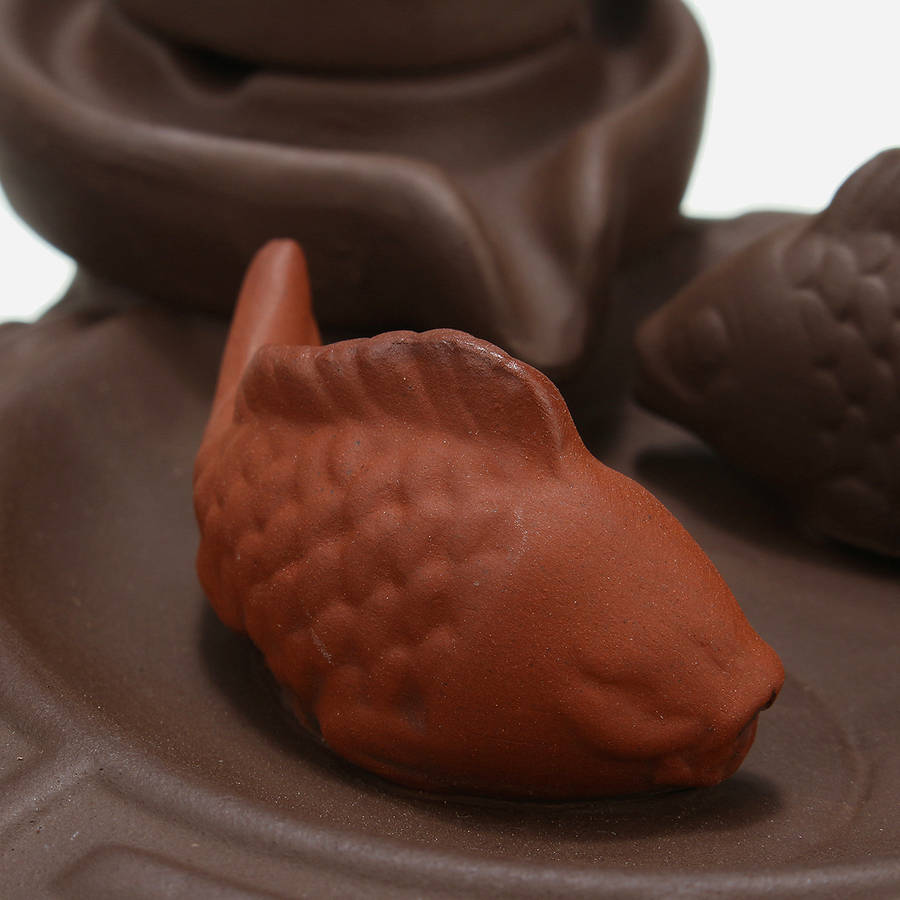 Purple Clay Backflow Incense Cone Burner Stick Holder Water Pond 2 Fish Smoke Back Flow Home Decor