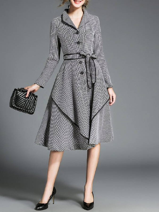 Women's Fashion Knee-Length Trench Coats Elegant Long Sleeve Houndstooth Pattern Jackets